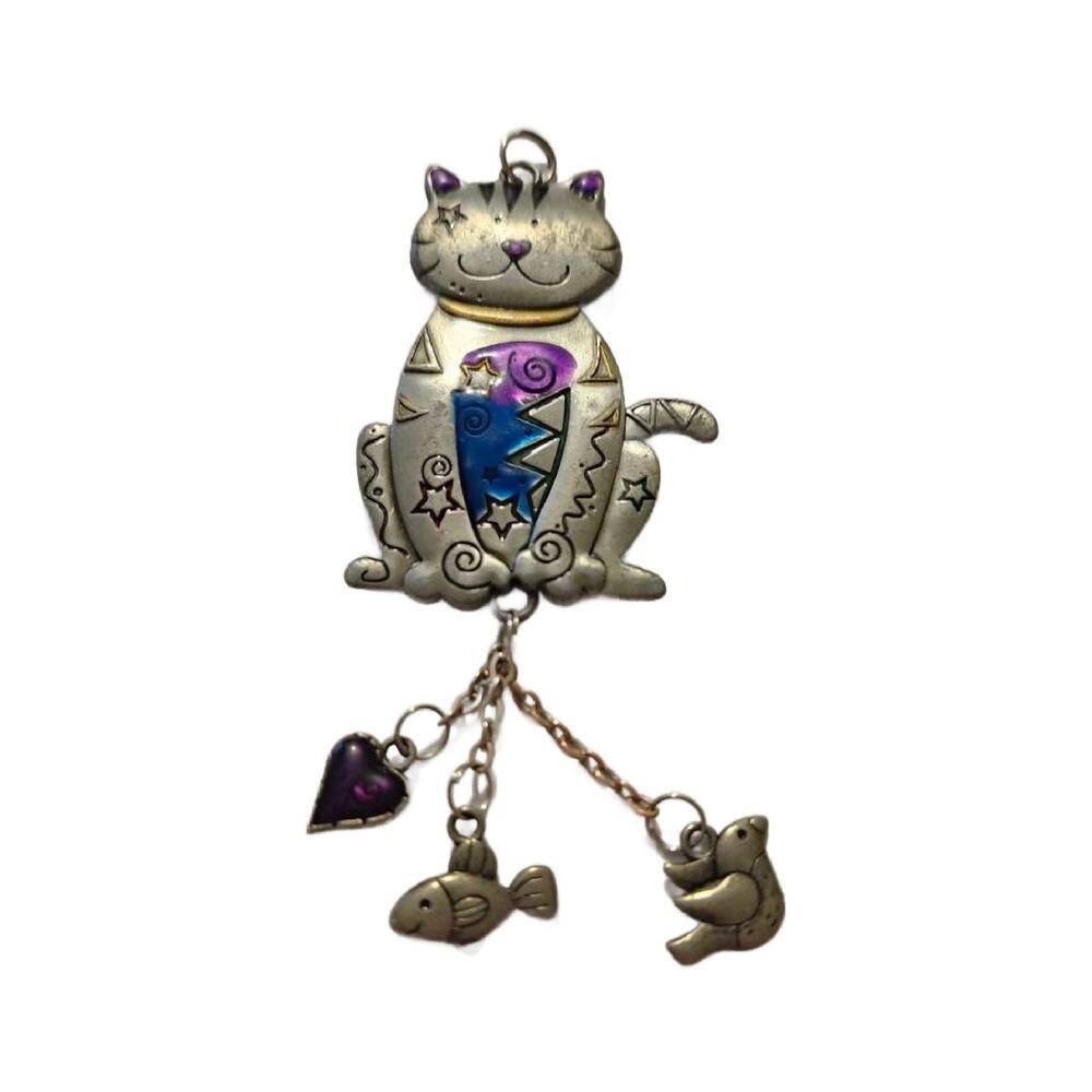 Vintage Articulated Cat Dangle Pendant with Charms by Ganz